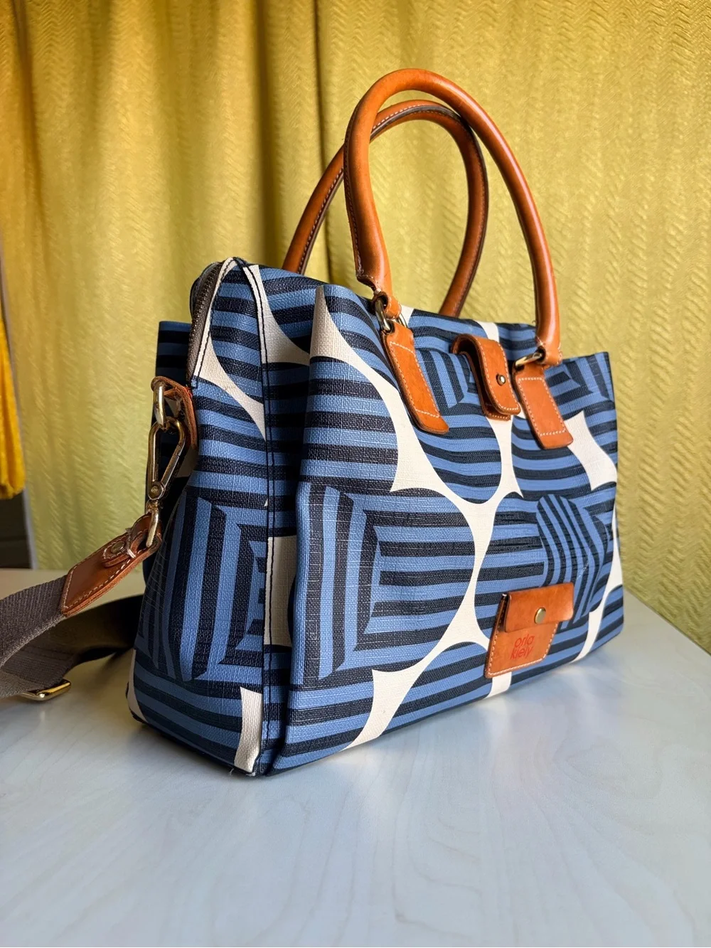 Orla Kiely Blue and Cream Graphic Print Satchel with Tan Trim